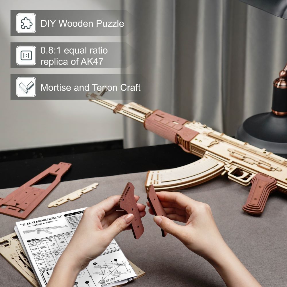 Automatic Rifle AK-47 3D Wooden Assembly Gun Double Firing Modes Funny DIY Toys For Kids Adults Justice Guar LQ901