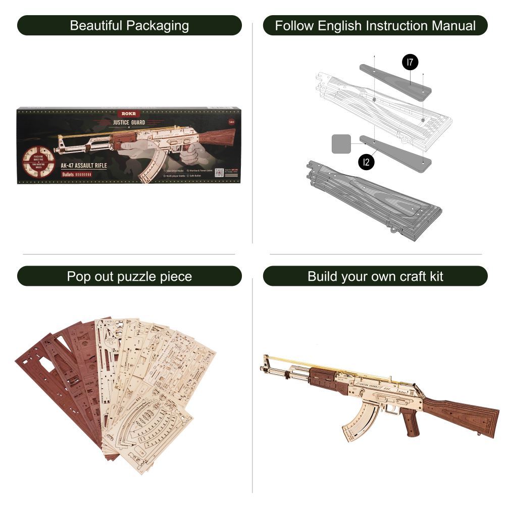 Automatic Rifle AK-47 3D Wooden Assembly Gun Double Firing Modes Funny DIY Toys For Kids Adults Justice Guar LQ901