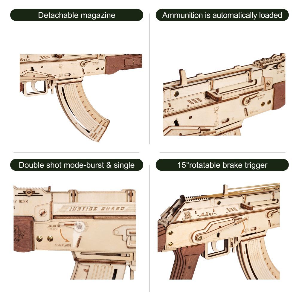 Automatic Rifle AK-47 3D Wooden Assembly Gun Double Firing Modes Funny DIY Toys For Kids Adults Justice Guar LQ901